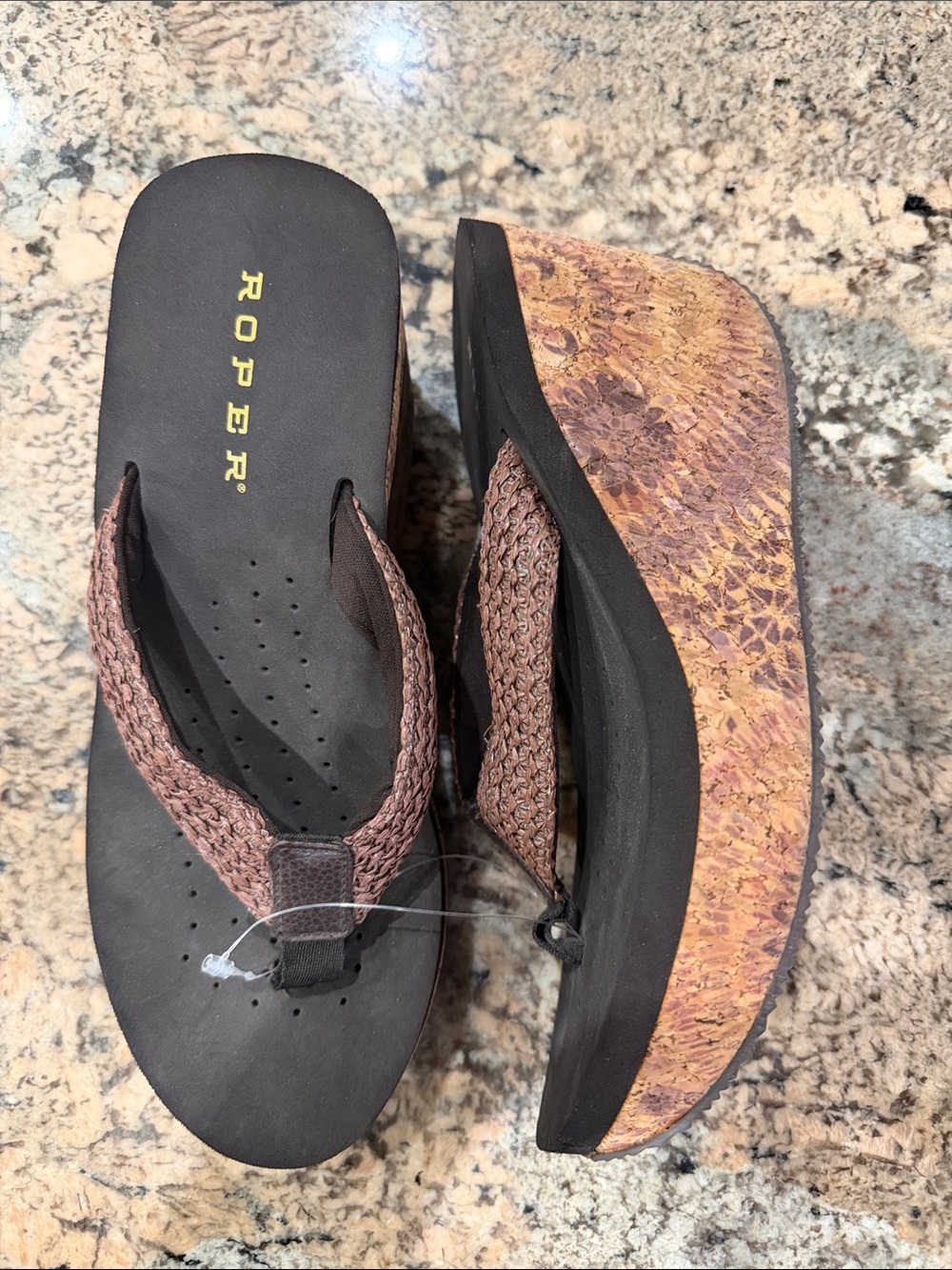 Roper Brown Woven Platform Sandals with Cork-Pattern Wedge